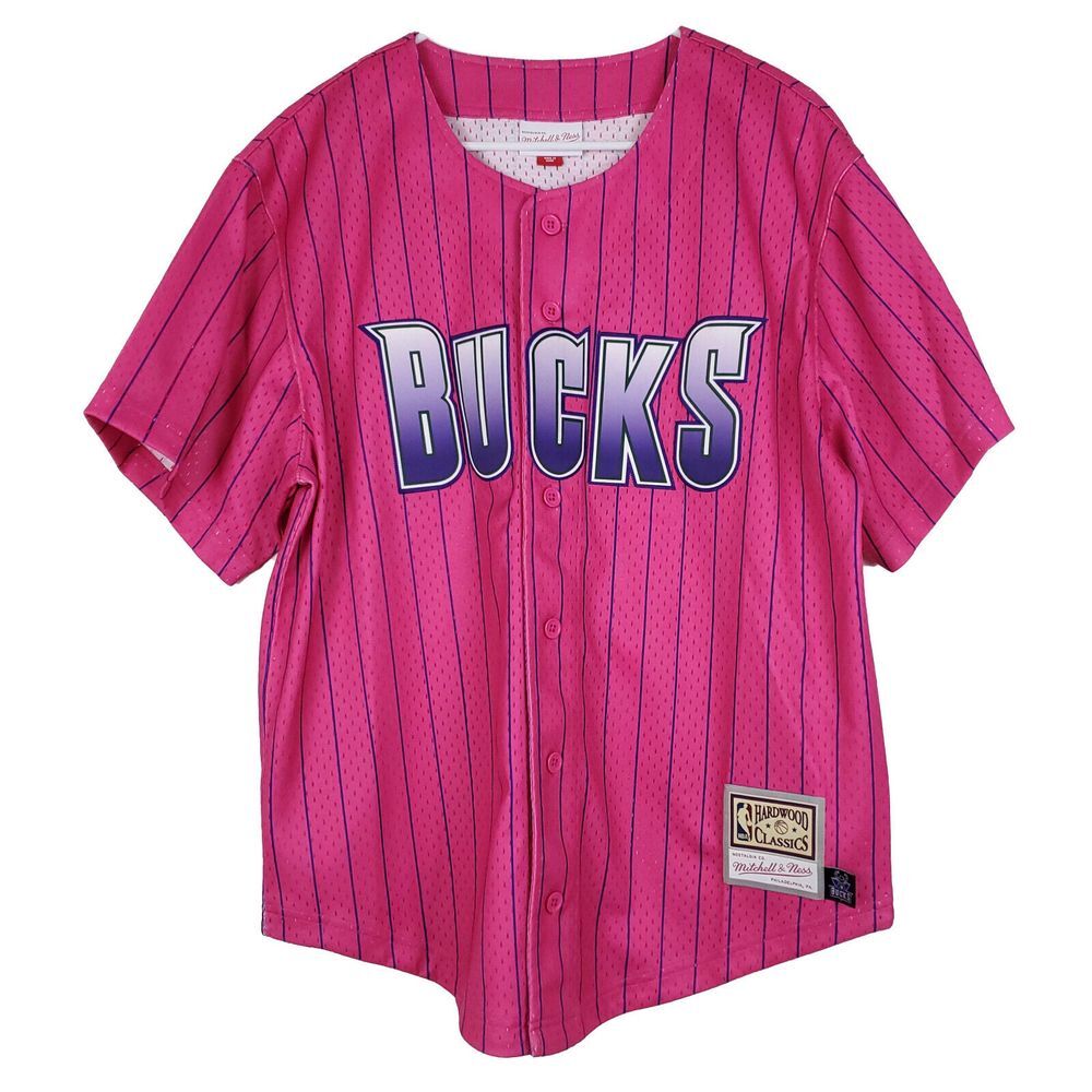 Milwaukee Bucks Mitchell & Ness NBA L Large Jersey Shirt Pink Button Up New